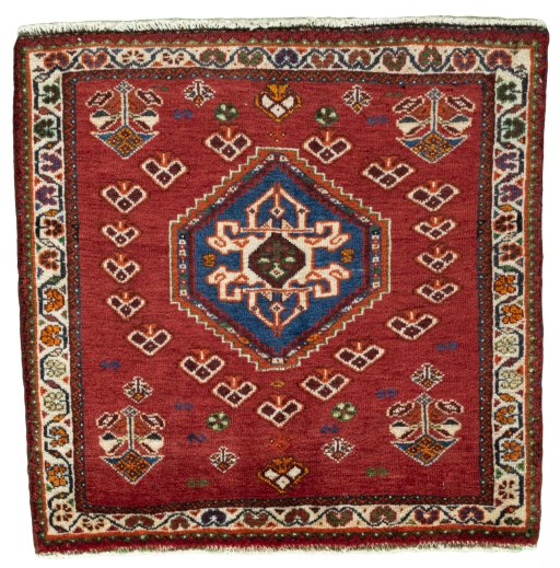 Full view of 2000s Shiraz rug from Iran / Persia, 62 × 63 cm in Red tones