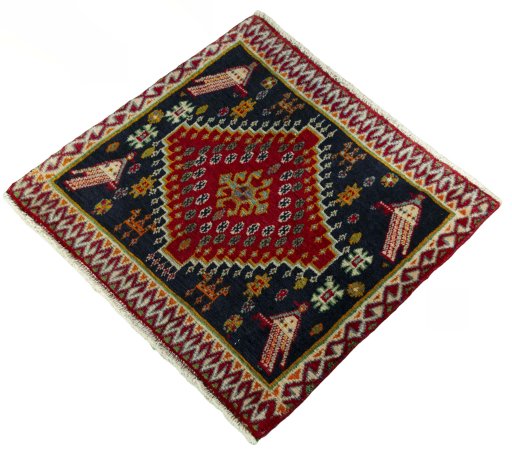 Corner detail of 2000s Shiraz rug showing border pattern and Wool pile