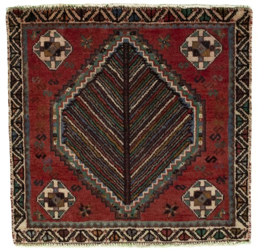 Full view of 2000s Shiraz rug from Iran / Persia, 57 × 58 cm in Red tones