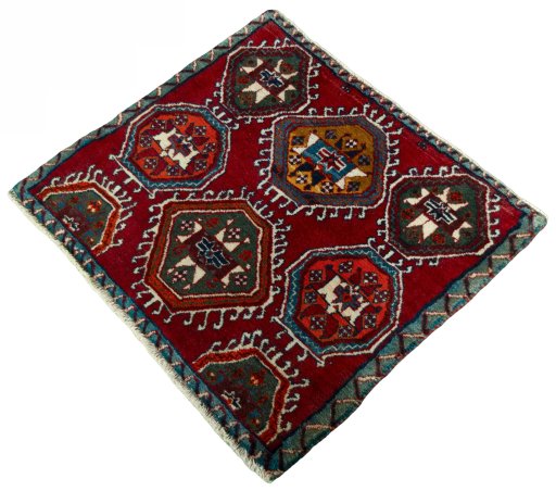 Corner detail of 2000s Shiraz rug showing border pattern and Wool pile