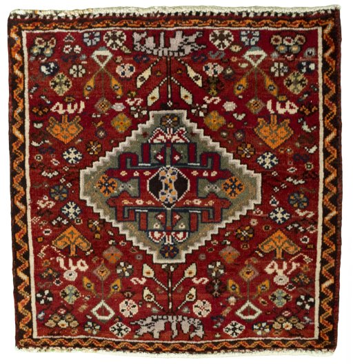 Full view of 2000s Shiraz rug from Iran / Persia, 62 × 60 cm in Red tones