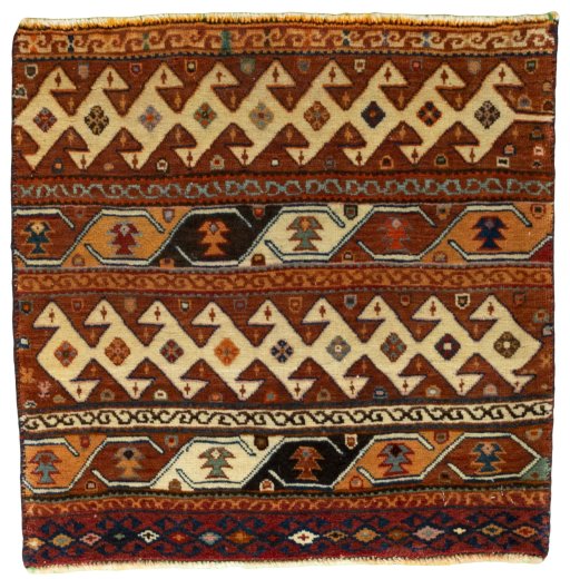 Full view of 2000s Shiraz rug from Iran / Persia, 58 × 60 cm in Red tones