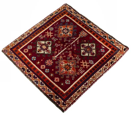 Corner detail of 2000s Shiraz rug showing border pattern and Wool pile
