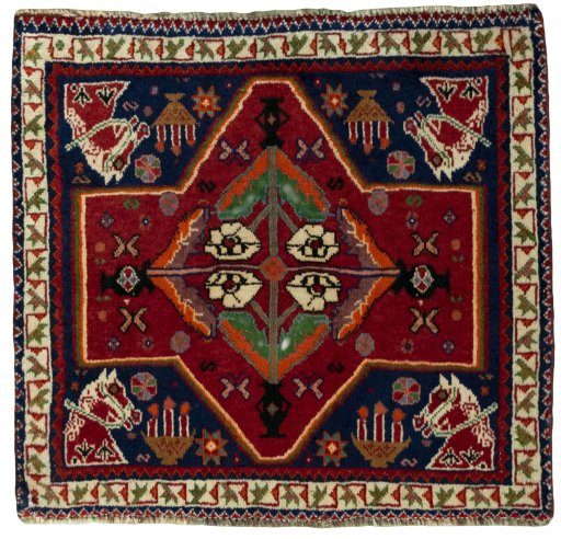 Full view of 2000s Shiraz rug from Iran / Persia, 60 × 64 cm in Red tones