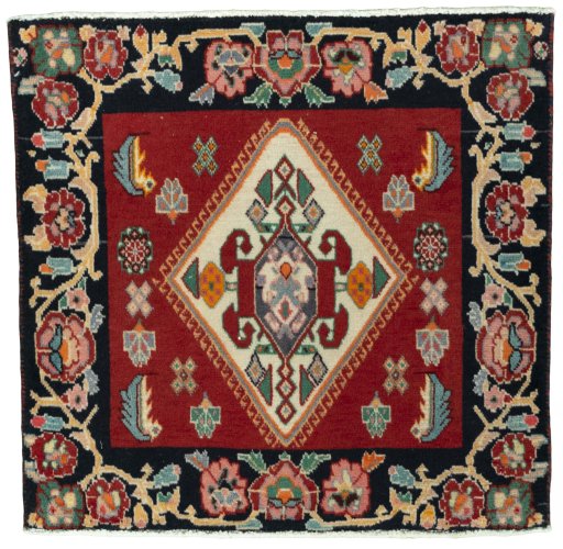 Full view of 2000s Shiraz rug from Iran / Persia, 64 × 65 cm in Red tones