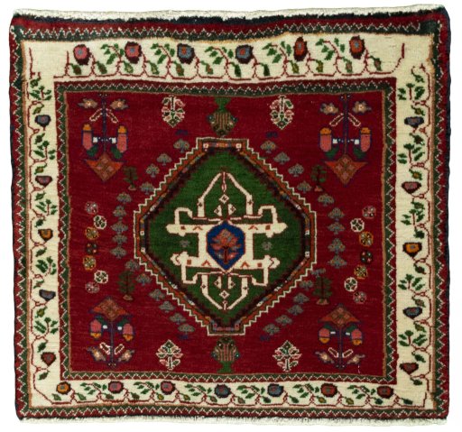 Full view of 2000s Shiraz rug from Iran / Persia, 55 × 60 cm in Red tones