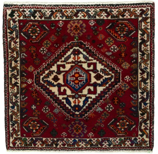 Full view of 2000s Shiraz rug from Iran / Persia, 56 × 57 cm in Red tones