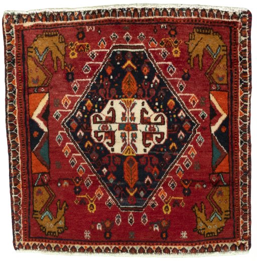 Full view of 2000s Shiraz rug from Iran / Persia, 60 × 60 cm in Red tones