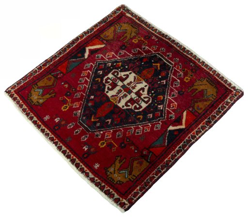 Corner detail of 2000s Shiraz rug showing border pattern and Wool pile