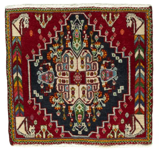 Full view of 2000s Shiraz rug from Iran / Persia, 58 × 62 cm in Red tones