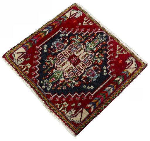 Corner detail of 2000s Shiraz rug showing border pattern and Wool pile