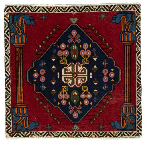 Full view of 2000s Shiraz rug from Iran / Persia, 63 × 65 cm in Red tones