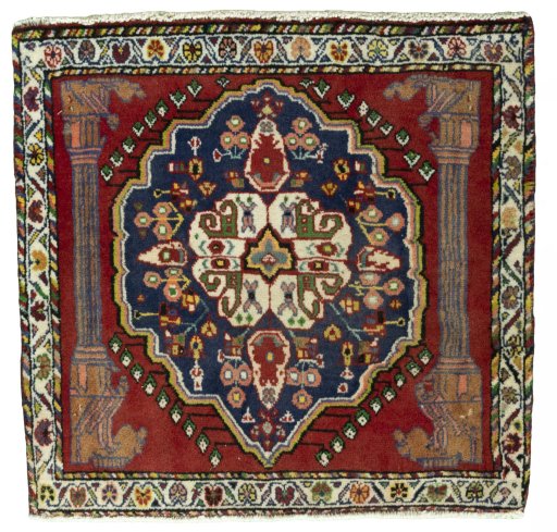 Full view of 2000s Shiraz rug from Iran / Persia, 62 × 65 cm in Red tones
