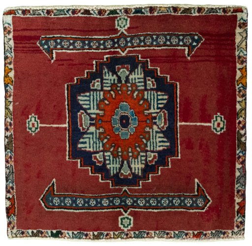 Full view of 2000s Shiraz rug from Iran / Persia, 55 × 59 cm in Red tones