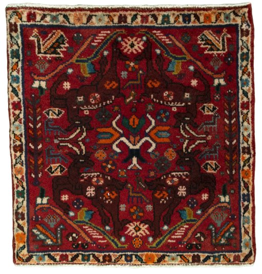 Full view of 2000s Shiraz rug from Iran / Persia, 62 × 61 cm in Red tones