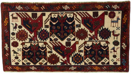 Full view of 2000s Shiraz rug from Iran / Persia, 45 × 85 cm in Multi Color tones