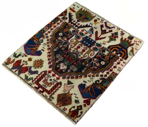 Corner detail of 2000s Shiraz rug showing border pattern and Wool pile