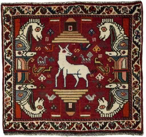 Full view of 2000s Shiraz rug from Iran / Persia, 62 × 66 cm in Red tones