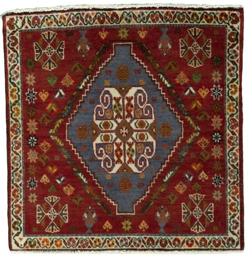 Full view of 2000s Shiraz rug from Iran / Persia, 63 × 62 cm in Red tones