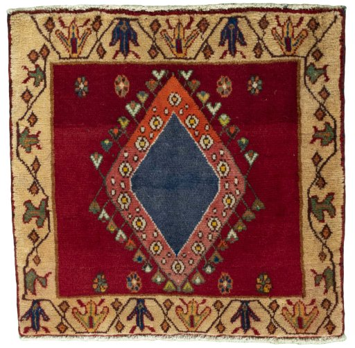 Full view of 2000s Shiraz rug from Iran / Persia, 57 × 60 cm in Red tones