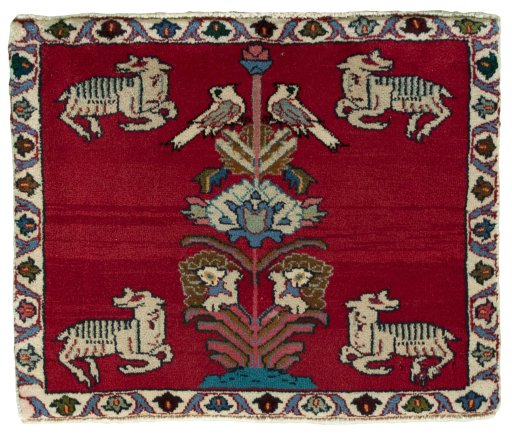 Full view of 2000s Shiraz rug from Iran / Persia, 50 × 61 cm in Red tones