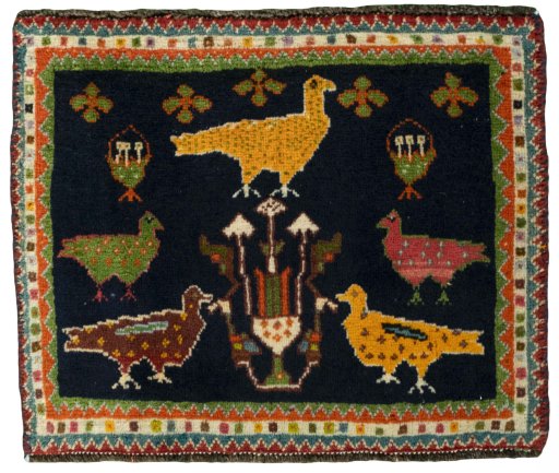 Full view of 2000s Shiraz rug from Iran / Persia, 46 × 45 cm in Red tones