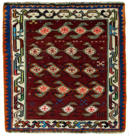 Full view of 2000s Shiraz rug from Iran / Persia, 62 × 60 cm in Red tones