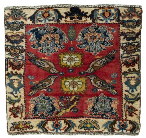 Full view of 2000s Shiraz rug from Iran / Persia, 55 × 59 cm in Red tones
