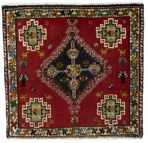 Full view of 2000s Shiraz rug from Iran / Persia, 61 × 64 cm in Red tones