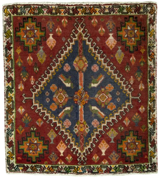 Full view of 2000s Shiraz rug from Iran / Persia, 69 × 62 cm in Red tones