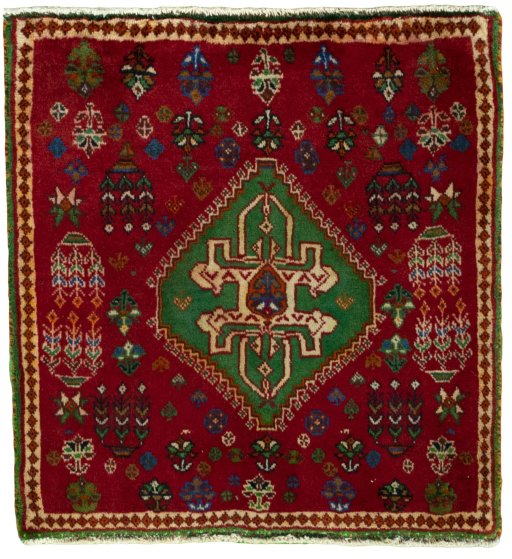Full view of 2000s Shiraz rug from Iran / Persia, 61 × 58 cm in Red tones