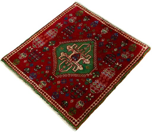 Corner detail of 2000s Shiraz rug showing border pattern and Wool pile