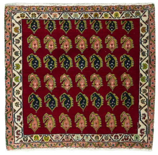 Full view of 2000s Shiraz rug from Iran / Persia, 58 × 60 cm in Red tones