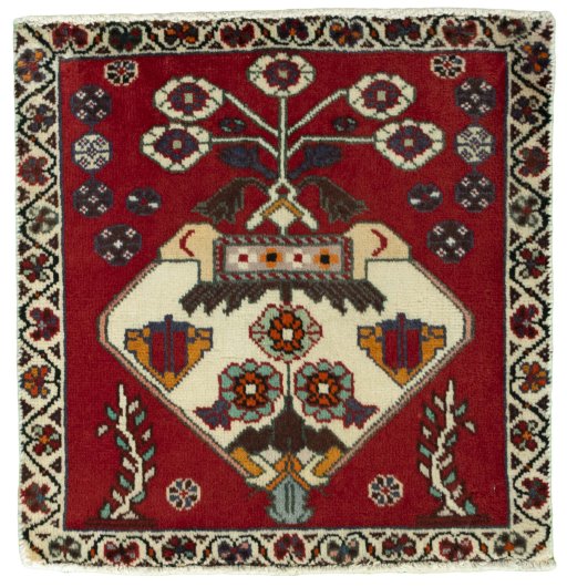 Full view of 2000s Shiraz rug from Iran / Persia, 62 × 61 cm in Red tones