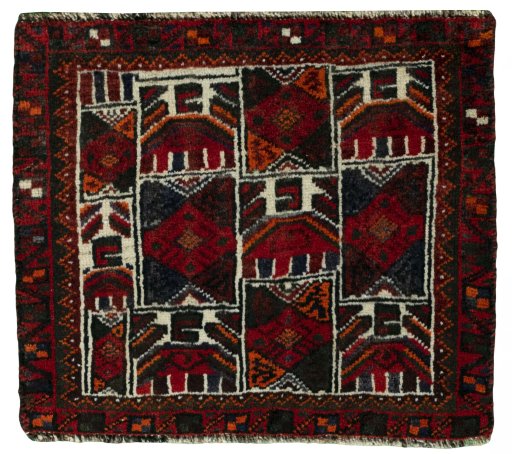 Full view of 2000s Shiraz rug from Iran / Persia, 55 × 63 cm in Red tones