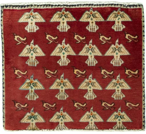 Full view of 2000s Shiraz rug from Iran / Persia, 53 × 61 cm in Red tones