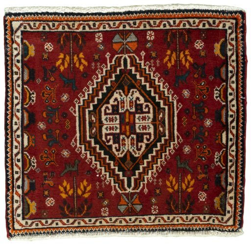 Full view of 2000s Shiraz rug from Iran / Persia, 58 × 63 cm in Red tones
