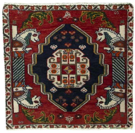 Full view of 2000s Shiraz rug from Iran / Persia, 54 × 57 cm in Red tones