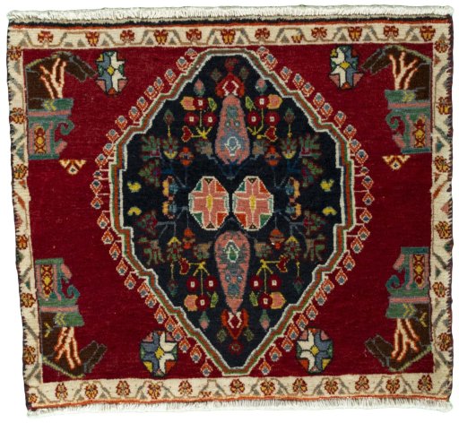 Full view of 2000s Shiraz rug from Iran / Persia, 53 × 61 cm in Red tones