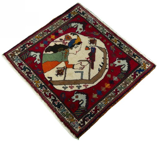 Corner detail of 2000s Shiraz rug showing border pattern and Wool pile