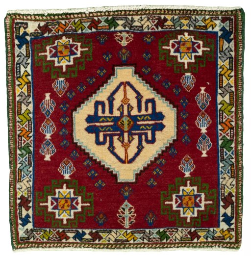 Full view of 2000s Shiraz rug from Iran / Persia, 58 × 57 cm in Red tones
