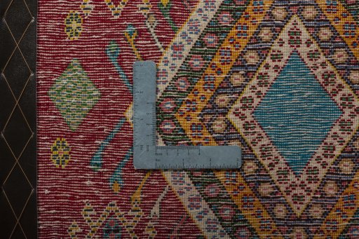 Backside of handmade 2000s Shiraz rug showing knot structure and weave density