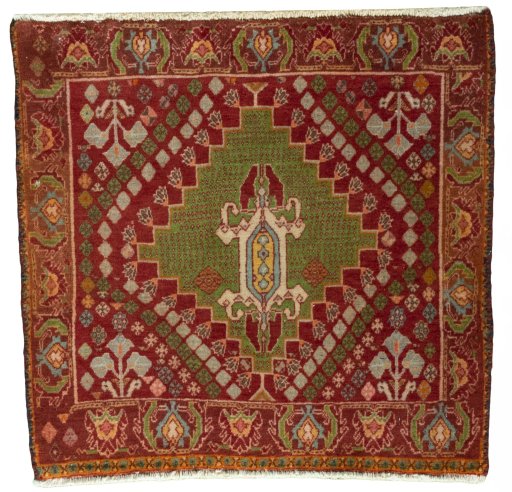 Full view of 2000s Shiraz rug from Iran / Persia, 62 × 64 cm in Red tones