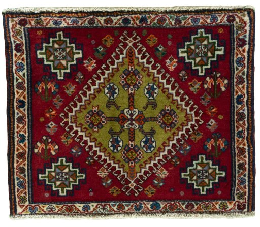 Full view of 2000s Shiraz rug from Iran / Persia, 53 × 65 cm in Red tones