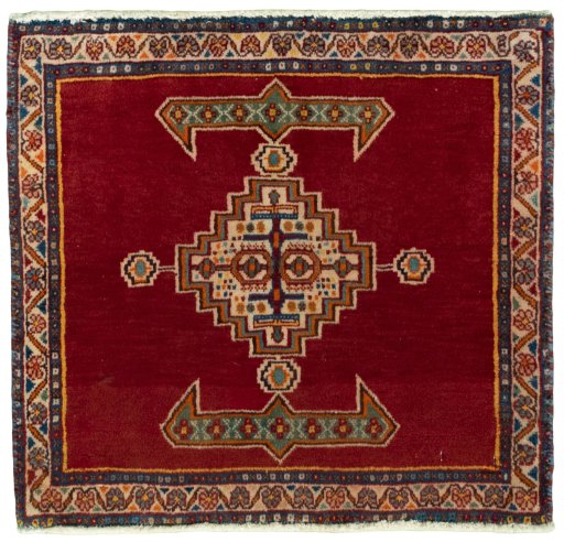 Full view of 2000s Shiraz rug from Iran / Persia, 56 × 60 cm in Red tones