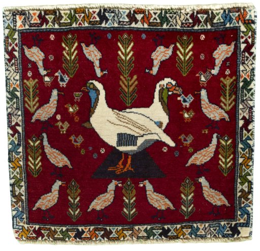 Full view of 2000s Shiraz rug from Iran / Persia, 51 × 55 cm in Red tones