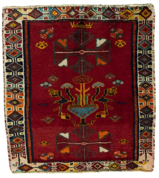 Full view of 2000s Shiraz rug from Iran / Persia, 53 × 50 cm in Red tones