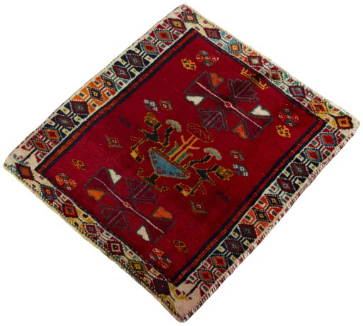 Corner detail of 2000s Shiraz rug showing border pattern and Wool pile