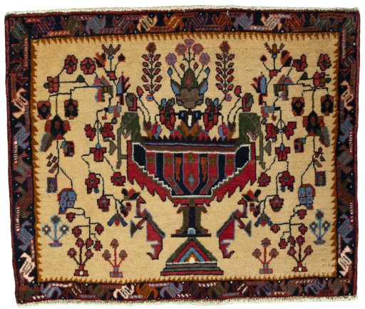 Full view of 2000s Shiraz rug from Iran / Persia, 62 × 74 cm in Multi Color tones