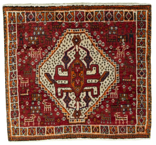 Full view of 2000s Shiraz rug from Iran / Persia, 60 × 64 cm in Red tones